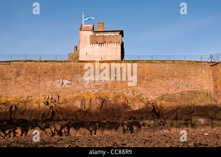 View of Broughty Ferry Castle and surrounding walls basking in beautiful Winter sunlight near Dundee,UK Stock Photo