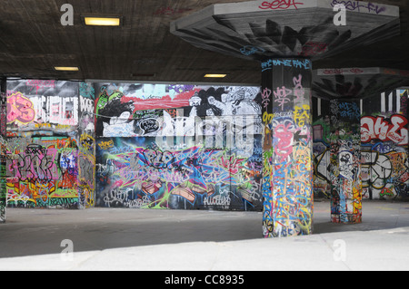 Underground graffiti in a skating and bmx area at Southbank in London. Stock Photo