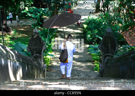Man with umbrella walking in Wat Phra Umong Therada Jan. Chiang Mai, Thailand. Stock Photo