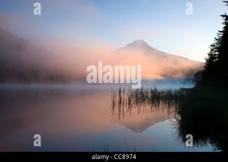 Foggy Sunrise over Trillium Lake with Mt Hood behind Stock Photo