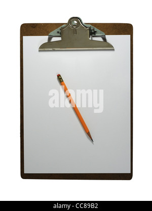 Clipboard with blank paper and pencil isolated on white Stock Photo