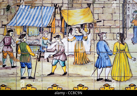 Barcelona, Spain. Tiled picture on Calle de la Portaferrissa. Detail showing market scene Stock Photo