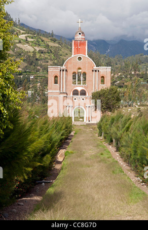 Yungay church remains with view of the peruvian Andes, cordillera blanca Stock Photo