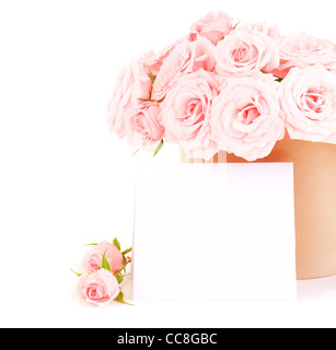 Pot of pink fresh roses with blank card, beautiful flowers isolated on white background Stock Photo
