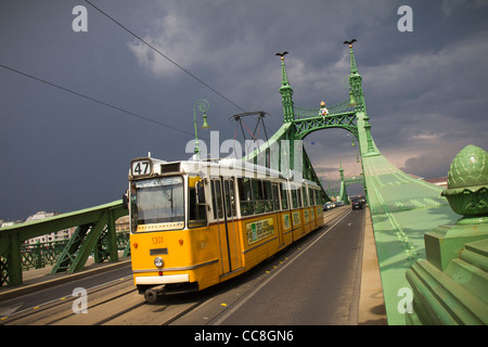 The Szabadság híd or Liberty Bridge (or Freedom Bridge) in Budapest, Hungary, connects Buda & Pest across the River Danube. Stock Photo