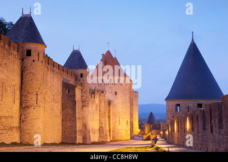 City walls of Carcassonne at twilight. This shot taken in between the two sets of walls. Stock Photo