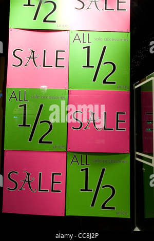 Sale Sign in Shop Window, Cracow, Poland Stock Photo