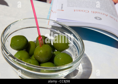 A bowl of bright green Castelvetrano Olives Stock Photo