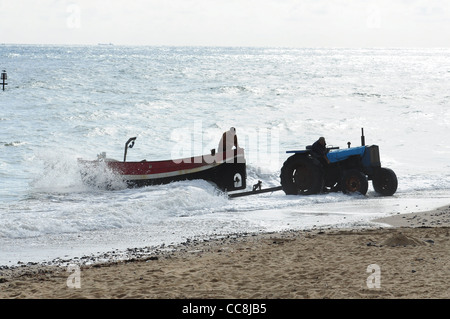 traditional crab boat launching at Cromer, Norfolk. Stock Photo
