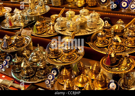 Tea sets on stall in Spice market Istanbul, Turkey November 2011 Stock Photo