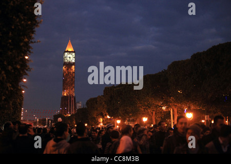 people, landmarks, tunis, revolution, celebration, tunisia, crowd, night, view, city, sky, blue, time, watch, Stock Photo