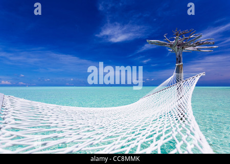Empty over-water hammock in the middle of exotic tropical lagoon Stock Photo