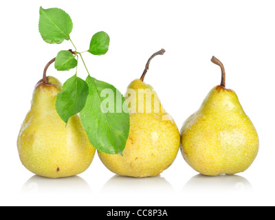 Yellow pears with green leafs isolated on white background Stock Photo