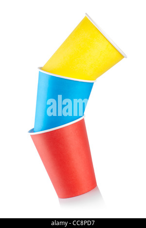 Three colored paper cups isolated on white background Stock Photo
