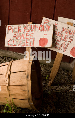 A basket lays on its side with a stack of signs for a pick-your-own apple orchard. Stock Photo