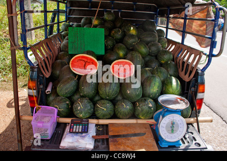 Water Melons for sale, Roadside, Thailand Stock Photo