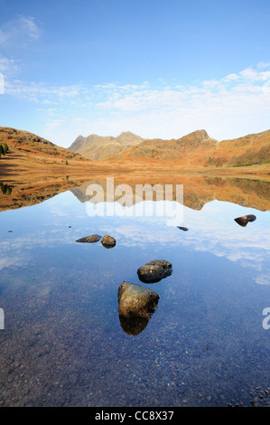 Calm clear tranquil view of Blea Tarn in the English Lake District, with the Langdale Pikes and Side Pike reflected Stock Photo
