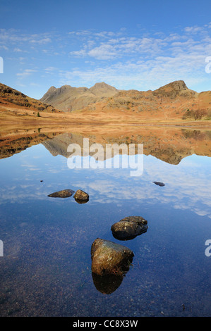Langdale Pikes and Side Pike reflected in Blea Tarn on a calm clear sunny blue sky day in the English Lake District Stock Photo
