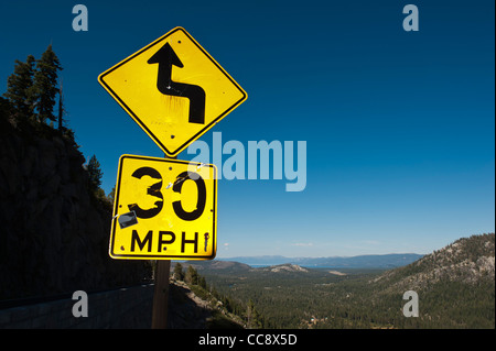 US Hwy 50 descending from Echo summit towards Lake Tahoe. Lake Tahoe viewed from US Route 50. California, USA Stock Photo