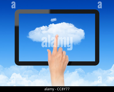 Woman hand touch the cloud against blue sky with clouds. Concept image on cloud computing theme. Stock Photo