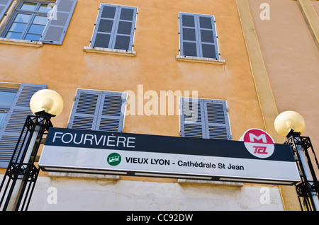 Metro sign in old town Vieux Lyon, France (UNESCO World Heritage Site) Stock Photo