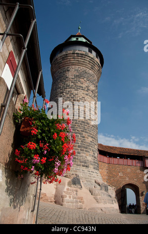 Germany, Bavaria, Nuremberg. Historic 11th century Imperial Castle (aka Kaiserburg) tower. Stock Photo