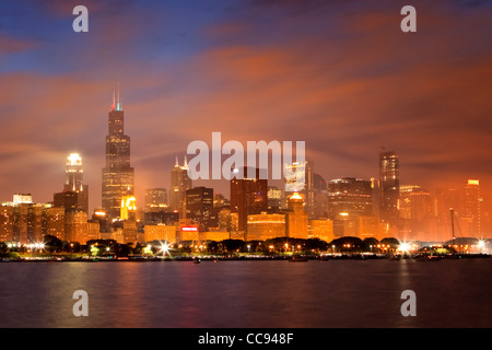 Smoke over Chicago's skyline after Independence Day fireworks. Stock Photo