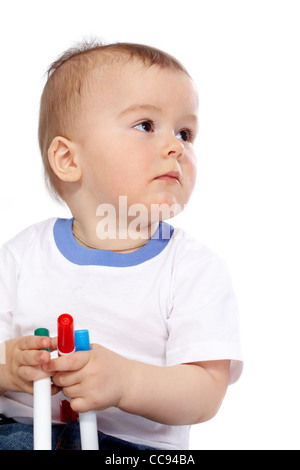 Portrait of calm child with crayons over white background Stock Photo ...