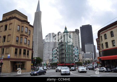 Transamerica Pyramid Building, San Francisco, California, USA. Intersection of Columbus, Pacific and Kearny streets. Stock Photo