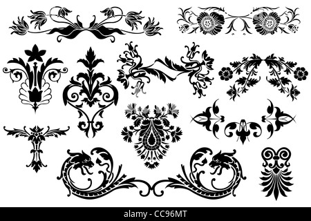 Floral calligraphic vintage design elements isolated on white background - useful elements to embellish your layout Stock Photo