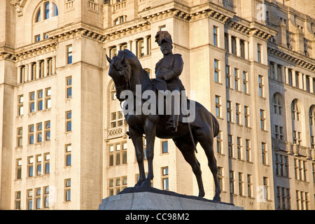 Bronze statue of King Edward 7th and the Royal Liver Building, Liverpool, Merseyside, England Stock Photo