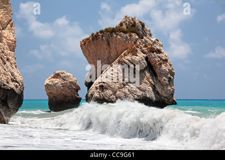 Rocks and waves. Petra Tou Romiou (near Paphos) national landmark, birthplace of Aphrodite. Cyprus. Stock Photo