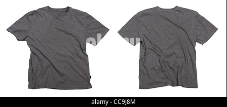 Photograph of wrinkled blank grey t-shirt - front and back view, isolated on white background. Stock Photo