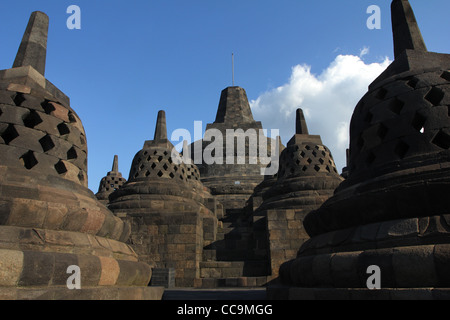 Bells Borobudur Buddhist temple Indonesia Yogyakarta Central Java Relief UNESCO World Heritage Site Stock Photo