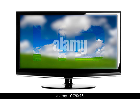 Modern HD TV showing a beautiful green landscape Stock Photo