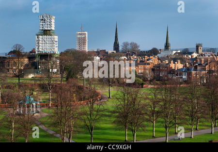 The County town of Shrewsbury with the Quarry park in the foreground. The tower of St Chad's Georgian Church and the market hall both under repair. Stock Photo