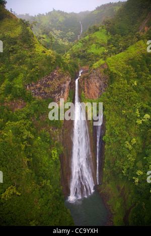 Aerial of Manawaiopuna Falls, more famously known as the Jurassic Falls because it was featured in the movie. Kauai, Hawaii.