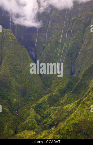 Aerial of waterfalls on Mt. Waialeale, Kauai, Hawaii. This spot is often called The Wall of Tears of Mt. Waialeale. Stock Photo