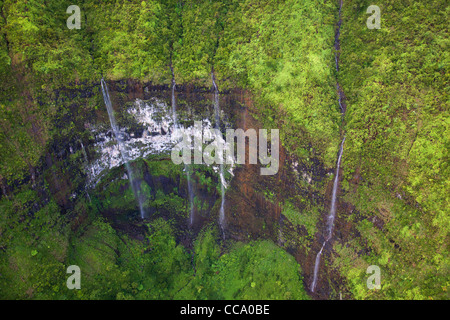 Aerial of waterfalls on Mt. Waialeale, Kauai, Hawaii. Stock Photo