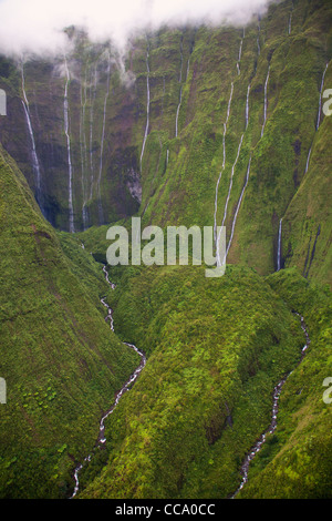 Aerial of waterfalls on Mt. Waialeale, Kauai, Hawaii. This spot is often called The Wall of Tears of Mt. Waialeale. Stock Photo