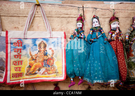 Traditional Rajasthani puppet dolls on sale as souvenirs in Rajasthan, India Stock Photo