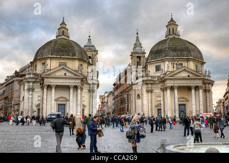 Piazza del Popolo in Rome, Lazio, Italy with the twin churches of Santa Maria in Monte Santo and Santa Maria dei Miracoli  Stock Photo