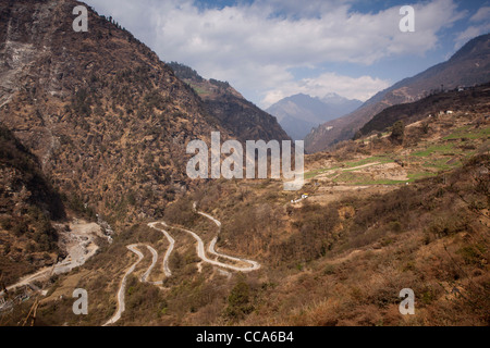 India, Arunachal Pradesh, Tawang Valley, Jang, hairpin bends on Sela Pass road Stock Photo