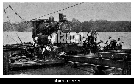 1915 Royal Australian Engineer pontooning locomotive Orange river steam train engine barge pontoon river crossing Stock Photo