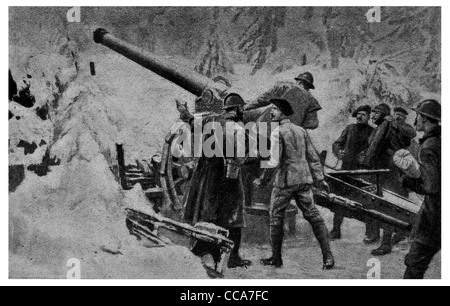 1917 French artillery 4.8 inch gun Swiss frontier cannon howitzer winter snow mountain warfare loading shell bombing firing Stock Photo