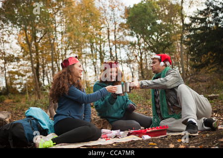 Young friends wearing Santa hats and crowns toasting in forest Stock Photo