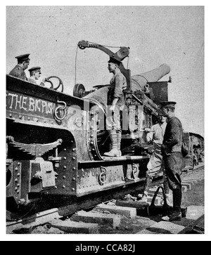 1916 Rail Train Gun power German artillery siege cannon weapon gunner carriage barrel Stock Photo