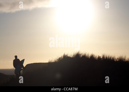 A surfer makes his way over sand dunes towards the beach in the late summer sun. Stock Photo