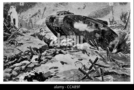 1917 British Tank Wancourt Heninel fought for 40 hours German machine gun fire gunner infantry assault  barbed wire trench town Stock Photo