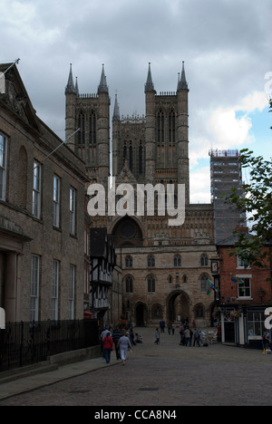 Exchequer Gate with the west front of Lincoln Cathedral behind Stock Photo
